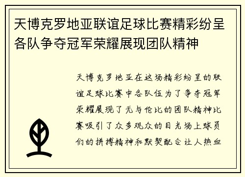 天博克罗地亚联谊足球比赛精彩纷呈各队争夺冠军荣耀展现团队精神